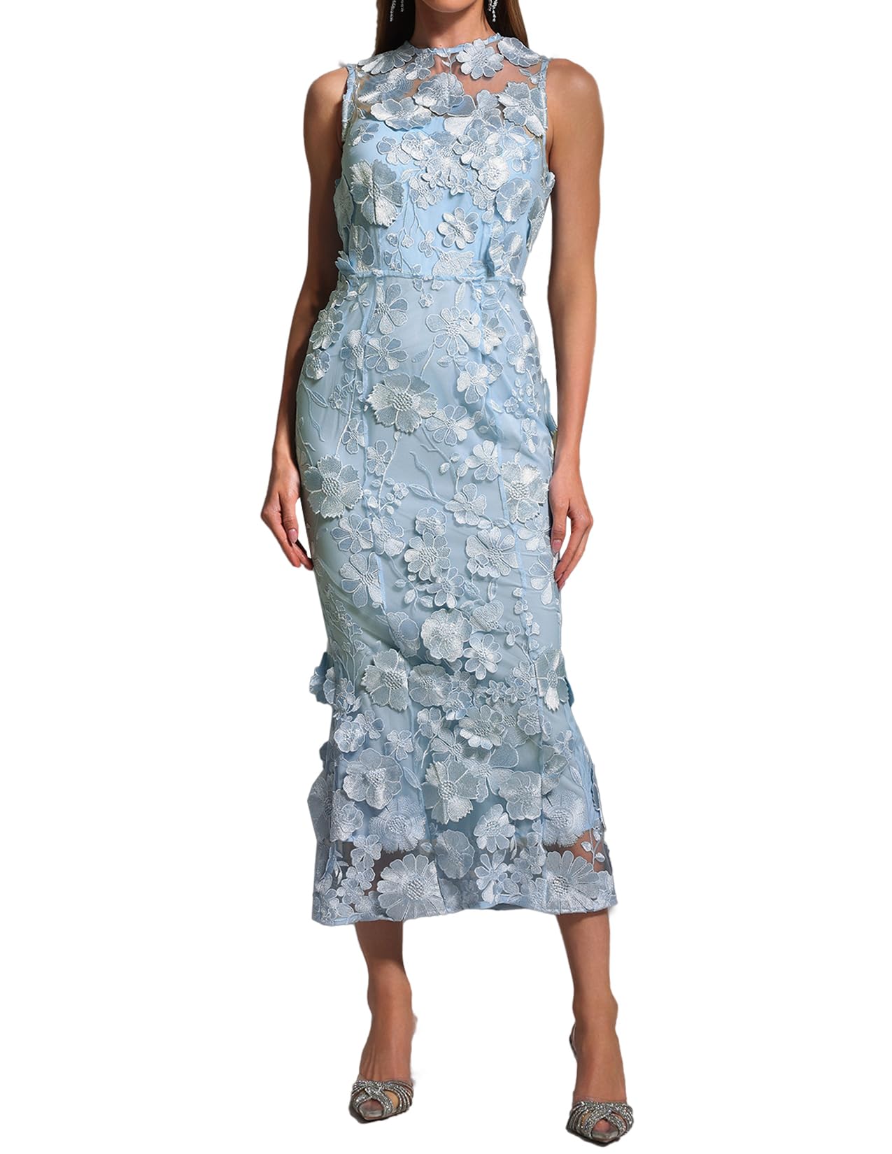 Foto 1 | Vestido Bella Barnett Azul Sin Mangas Con Flores Bordadas Y Encaje - Venta Internacional.
