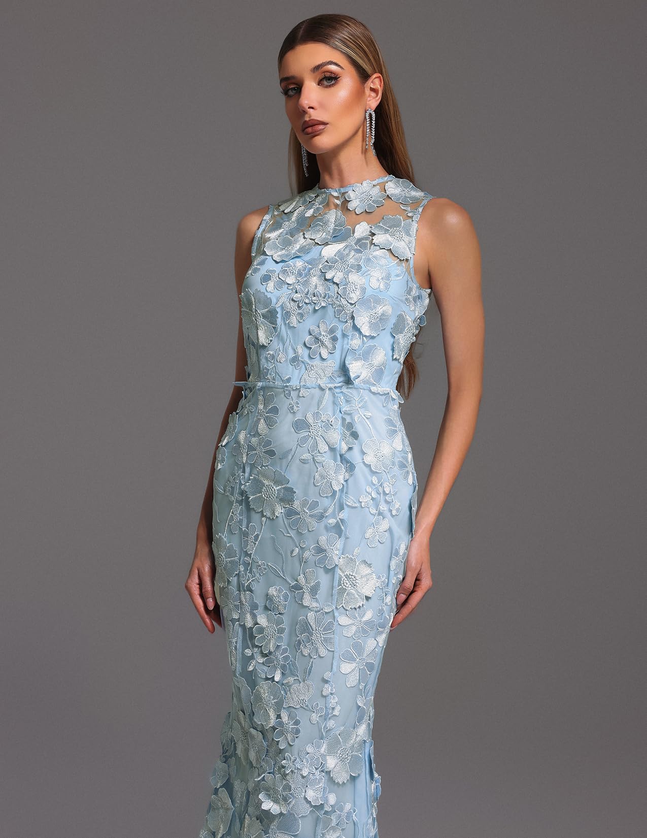 Foto 4 | Vestido Bella Barnett Azul Sin Mangas Con Flores Bordadas Y Encaje - Venta Internacional.