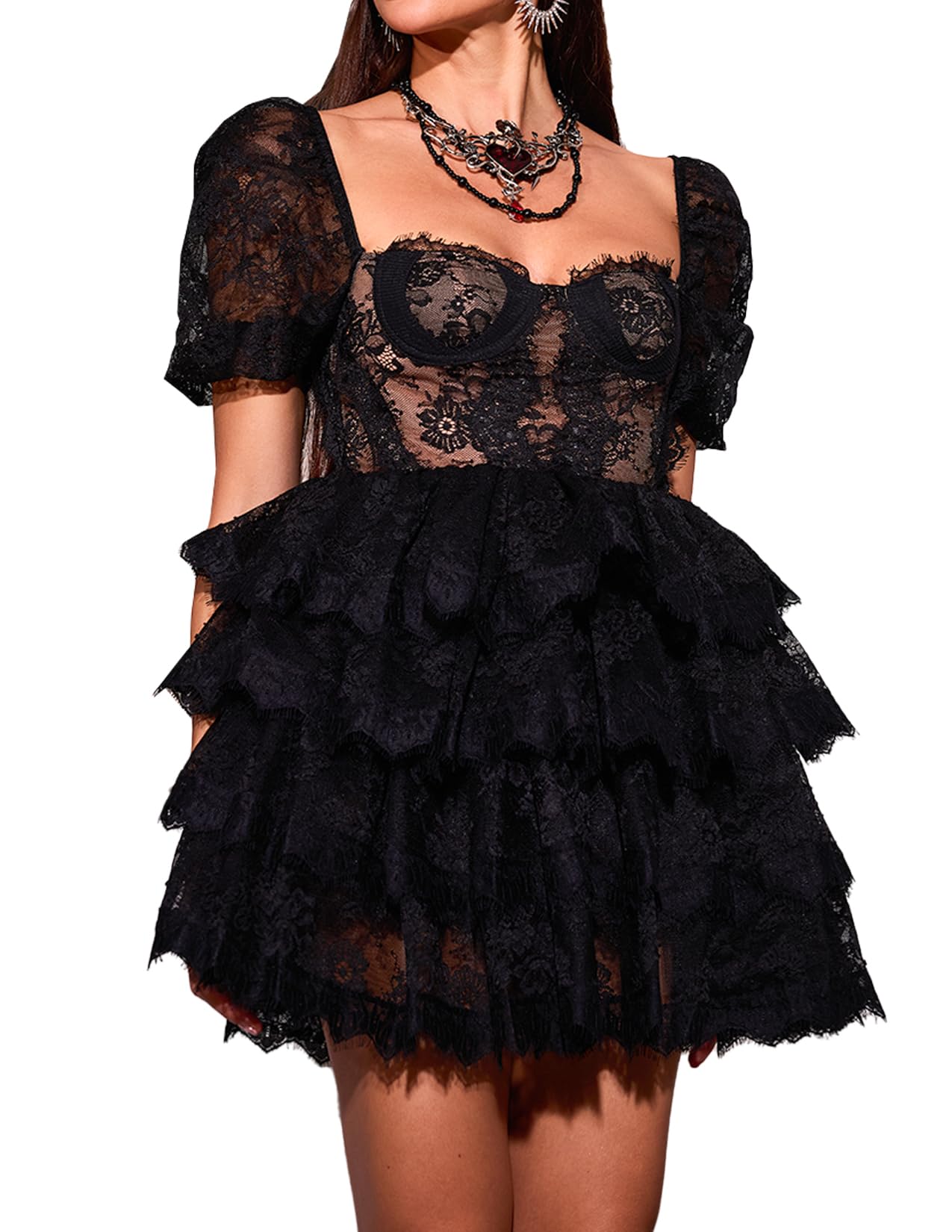 Foto 2 pulgar | Vestido Bella Barnett Minivestido Gótico Negro De Encaje En A Y Malla - Venta Internacional.