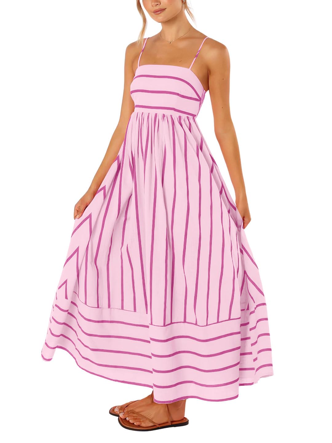 Foto 2 pulgar | Vestido Largo Chouyatou Para Mujer, A Rayas, Espalda Fruncida, Rosa - Venta Internacional.