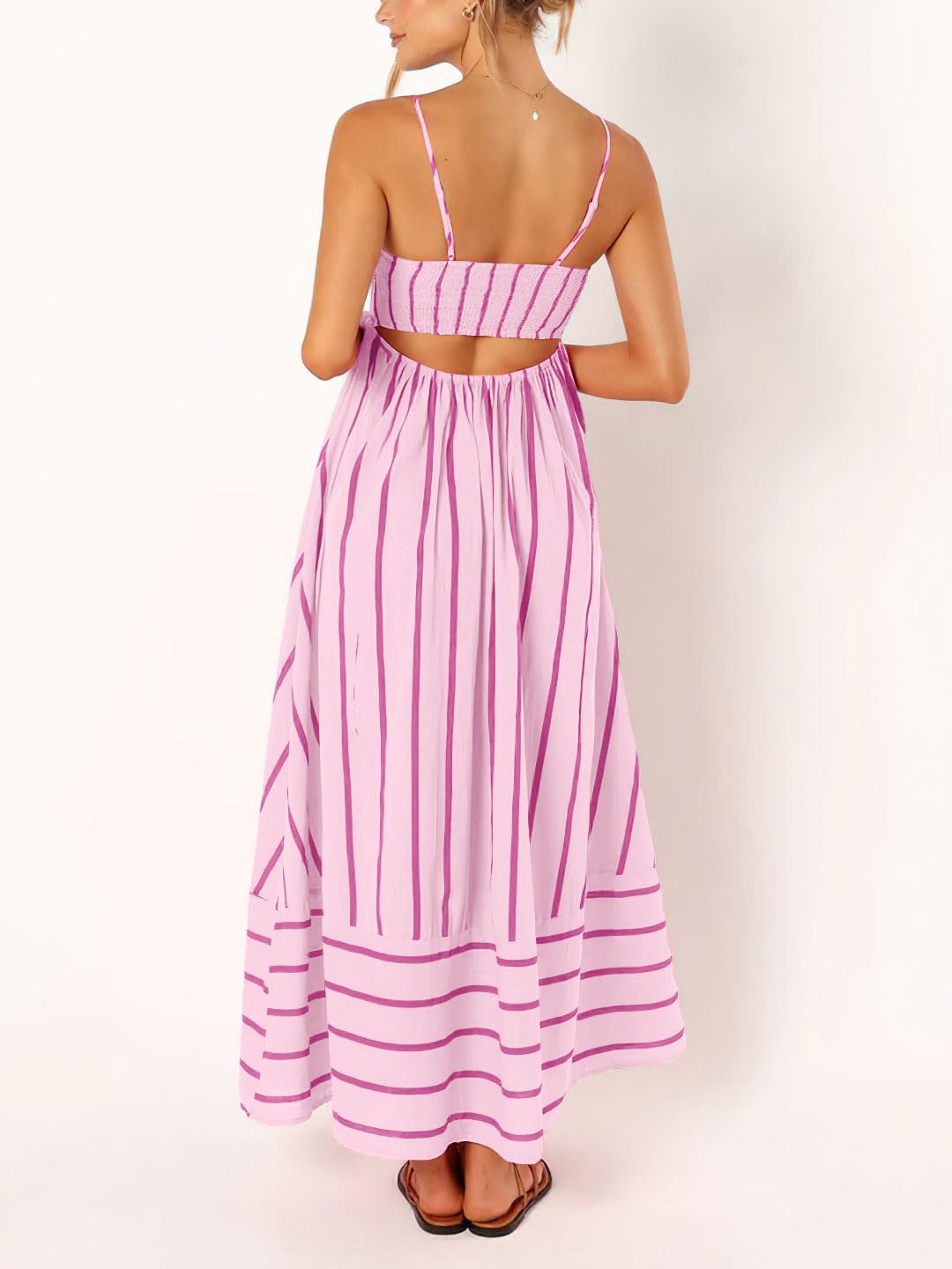Foto 3 pulgar | Vestido Largo Chouyatou Para Mujer, A Rayas, Espalda Fruncida, Rosa - Venta Internacional.