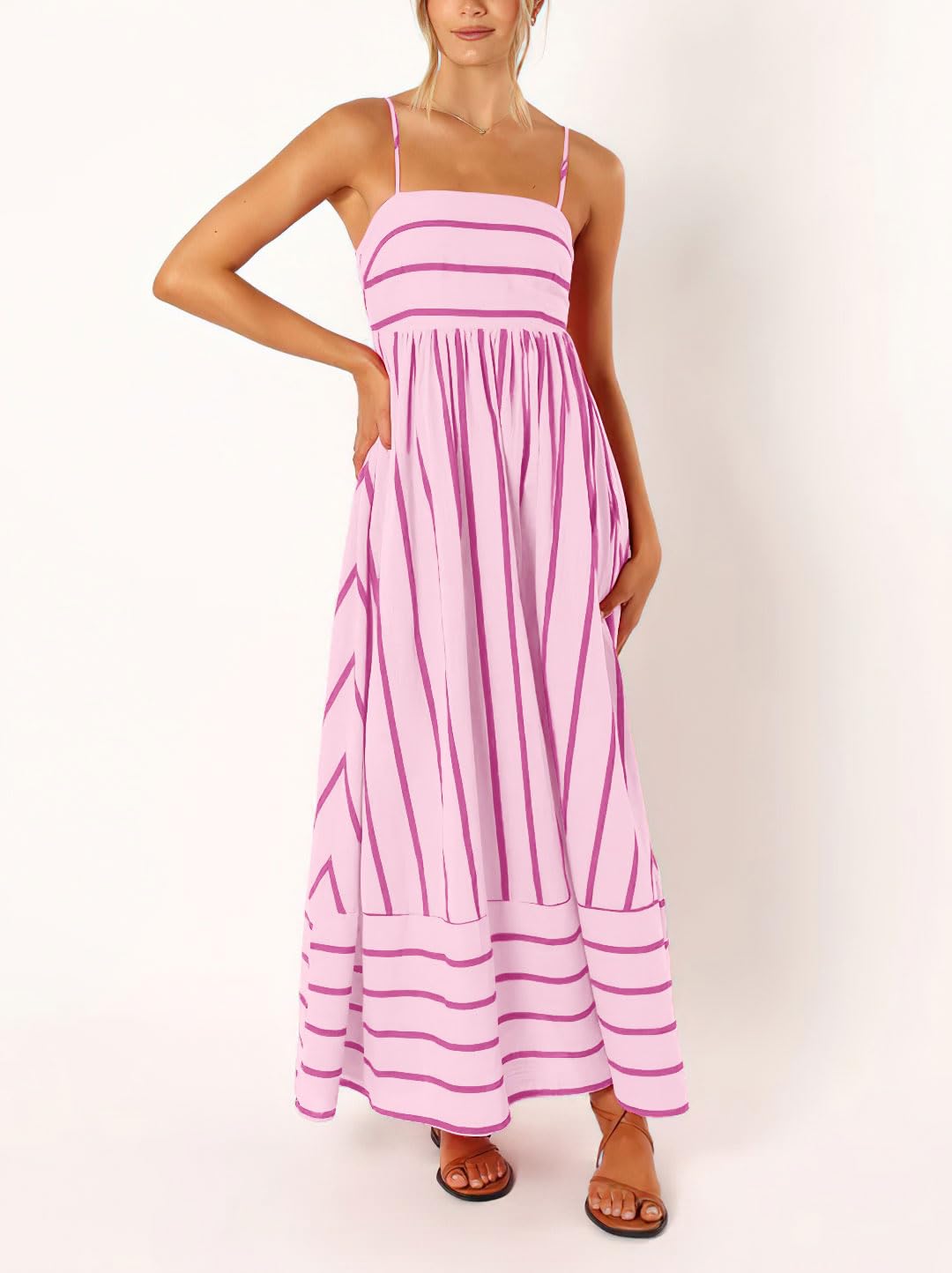 Foto 4 pulgar | Vestido Largo Chouyatou Para Mujer, A Rayas, Espalda Fruncida, Rosa - Venta Internacional.