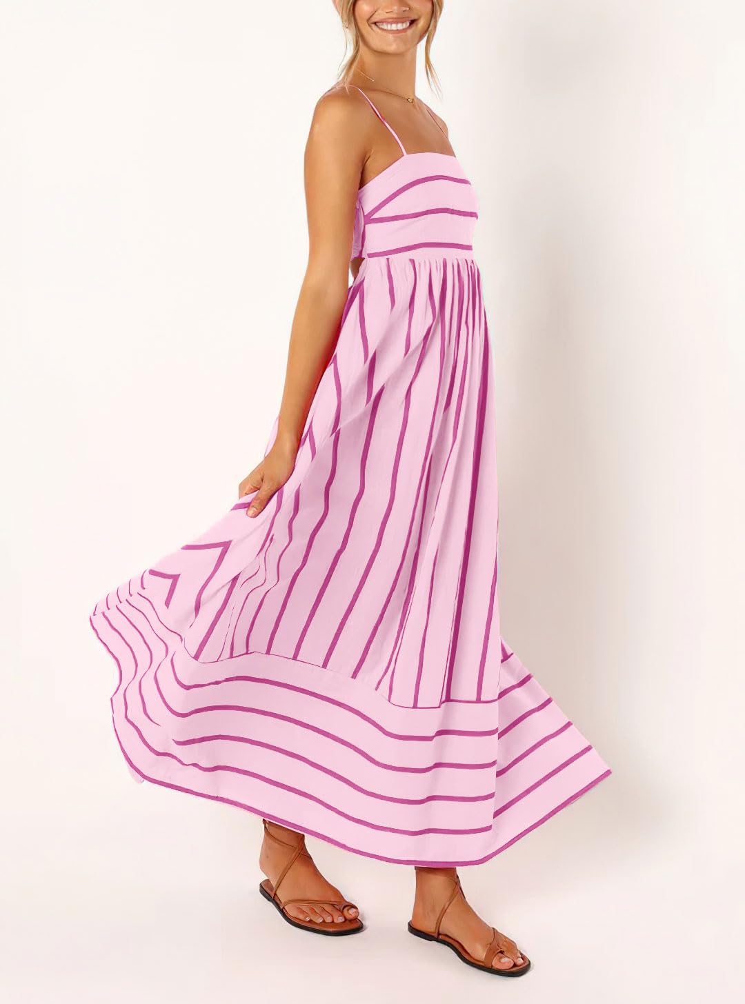 Foto 5 pulgar | Vestido Largo Chouyatou Para Mujer, A Rayas, Espalda Fruncida, Rosa - Venta Internacional.