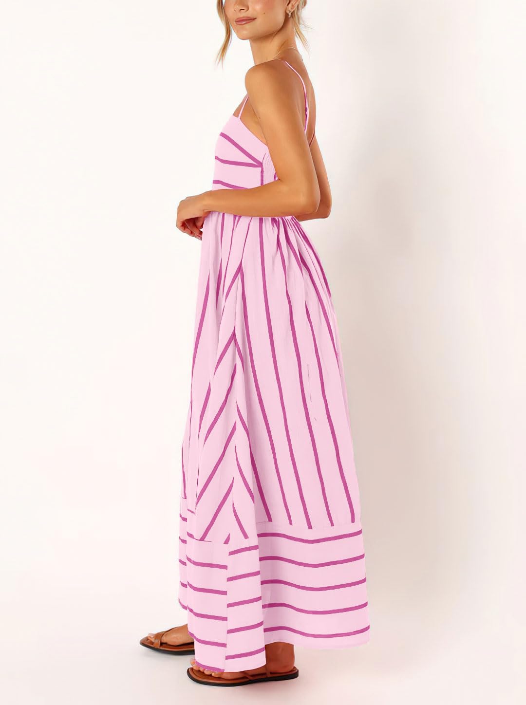 Foto 6 pulgar | Vestido Largo Chouyatou Para Mujer, A Rayas, Espalda Fruncida, Rosa - Venta Internacional.
