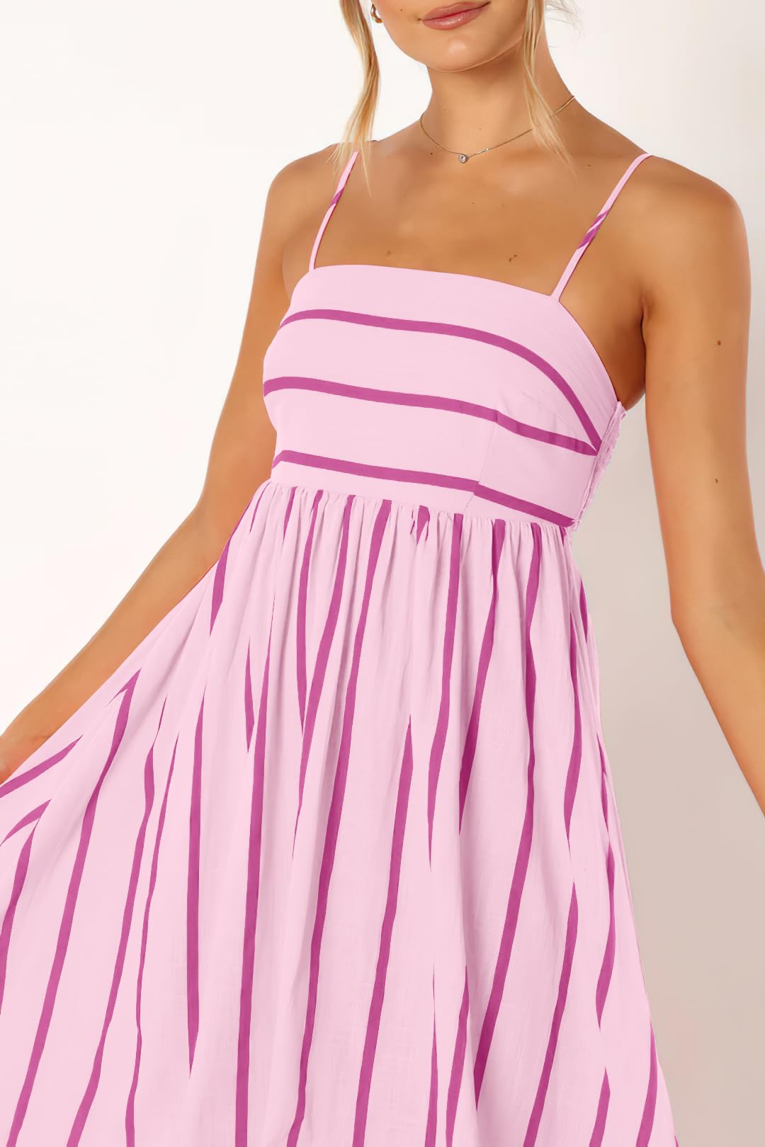 Foto 7 pulgar | Vestido Largo Chouyatou Para Mujer, A Rayas, Espalda Fruncida, Rosa - Venta Internacional.