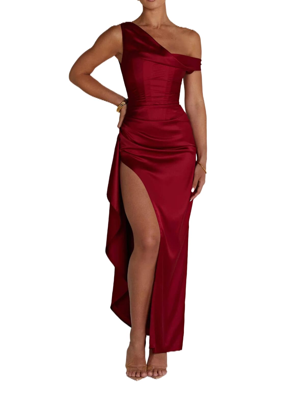 Foto 1 | Vestido Largo De Fiesta De Satén Con Hombros Descubiertos, Color Burdeos - Venta Internacional.