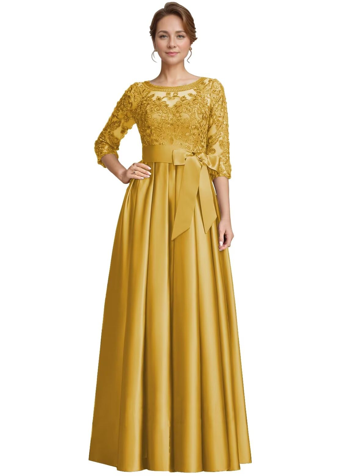 Foto 2 pulgar | Vestido Formal Raomiao Con Apliques De Encaje Satinado Dorado Oscuro Para Mujer - Venta Internacional.