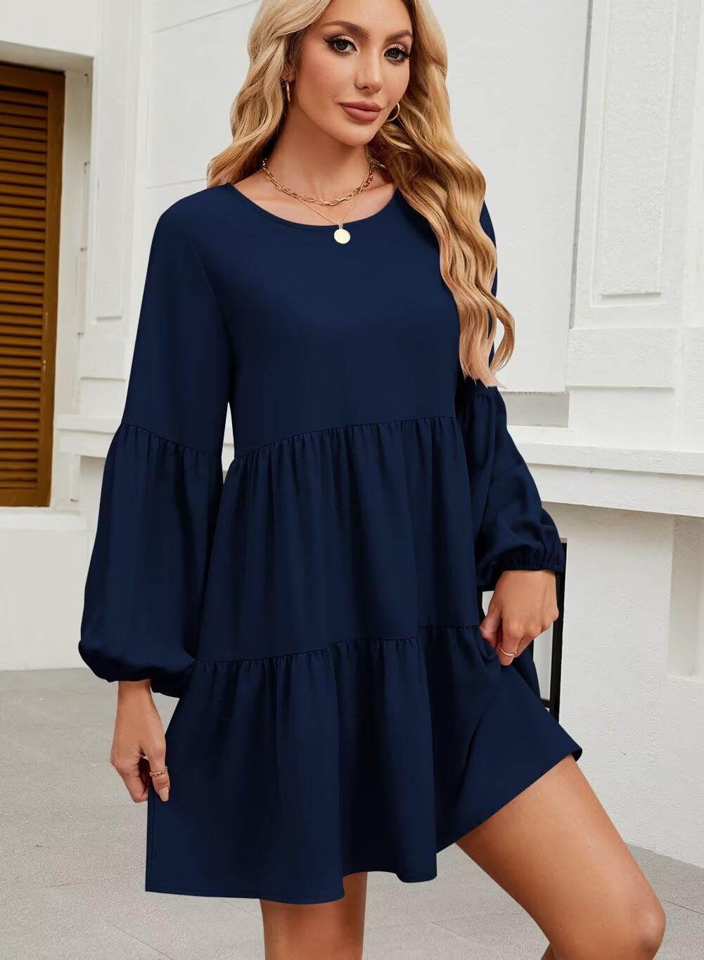 Foto 2 | Vestido Qacohu Para Mujer, Casual, Manga Larga, Azul Otoñal, L - Venta Internacional.