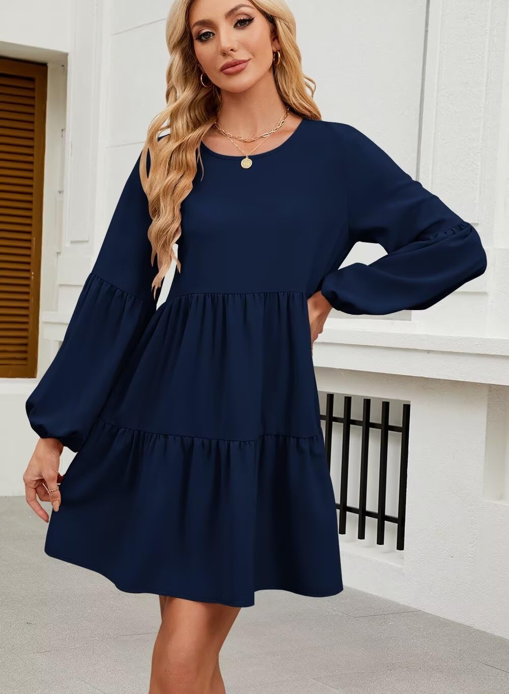 Foto 3 | Vestido Qacohu Para Mujer, Casual, Manga Larga, Azul Otoñal, L - Venta Internacional.