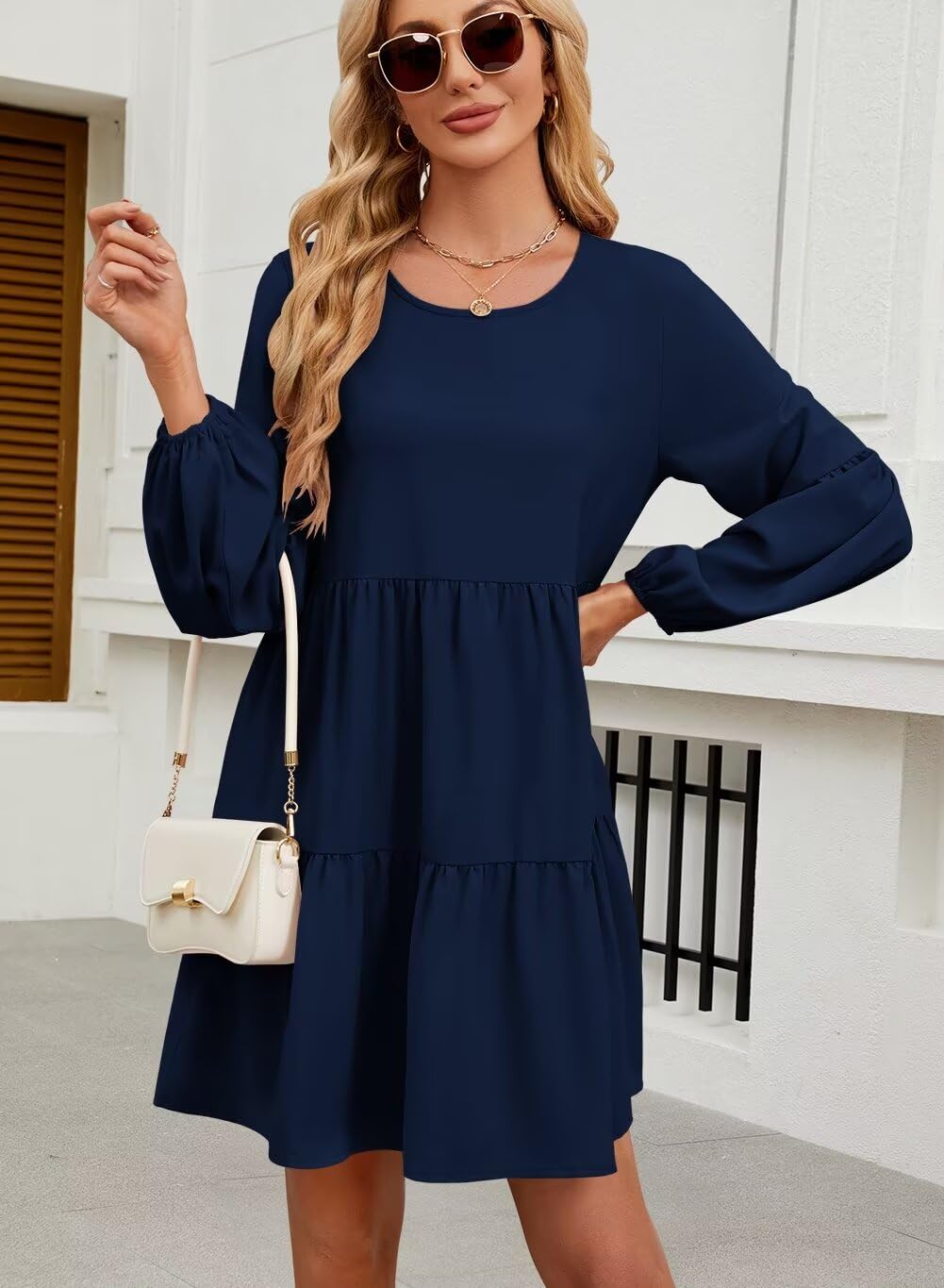 Foto 4 | Vestido Qacohu Para Mujer, Casual, Manga Larga, Azul Otoñal, L - Venta Internacional.