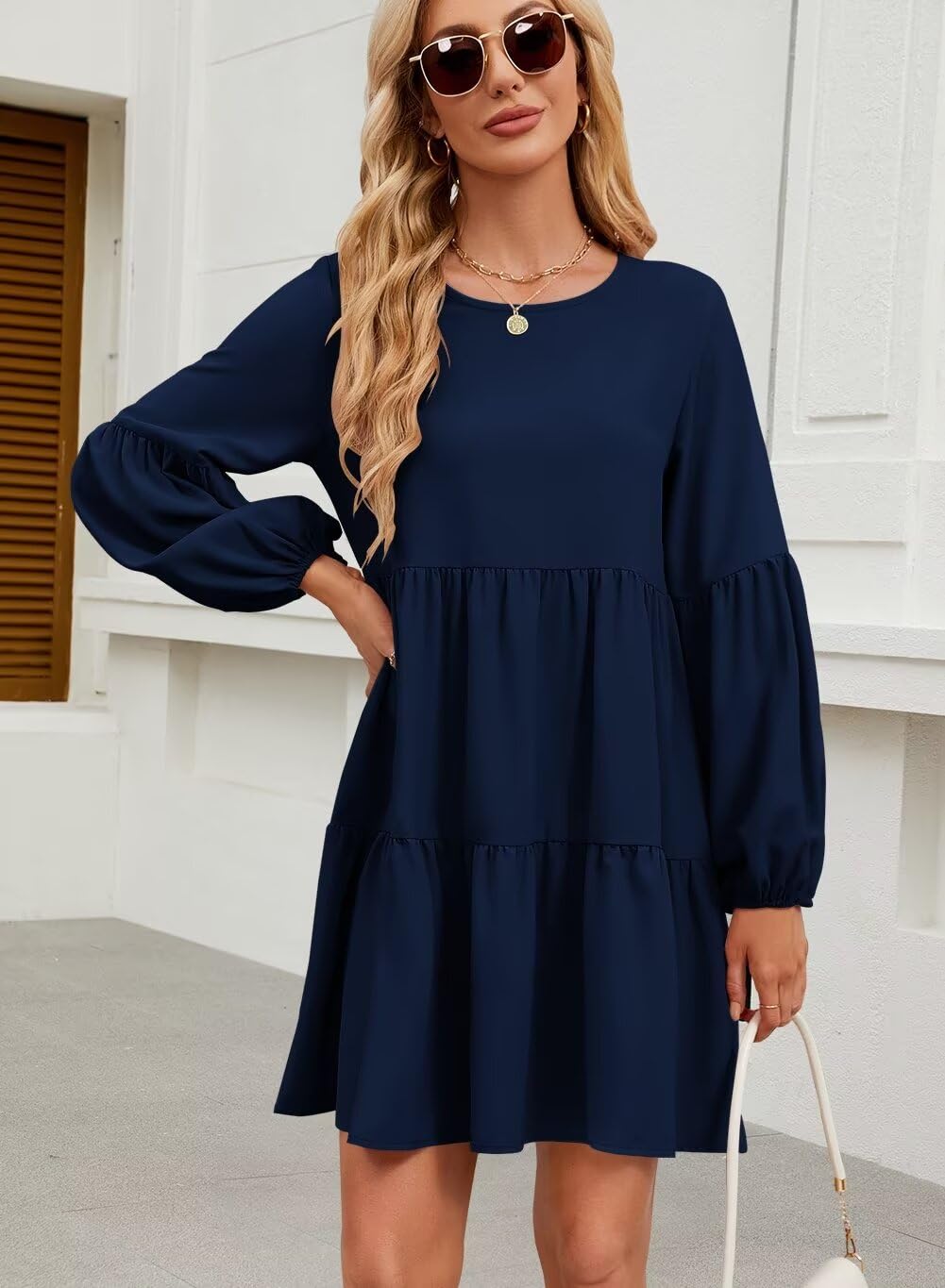 Foto 7 pulgar | Vestido Qacohu Para Mujer, Casual, Manga Larga, Azul Otoñal, L - Venta Internacional.