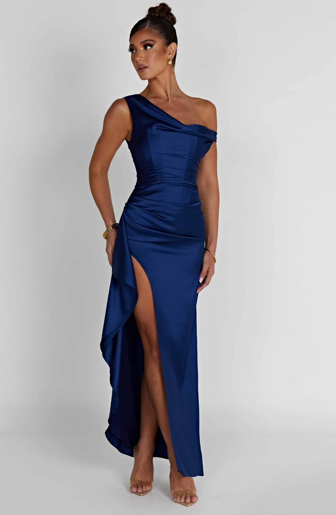 Foto 4 pulgar | Vestido De Fiesta Lphirkut Satinado Largo Con Hombros Descubiertos, Fruncido, Azul Real - Venta Internacional.