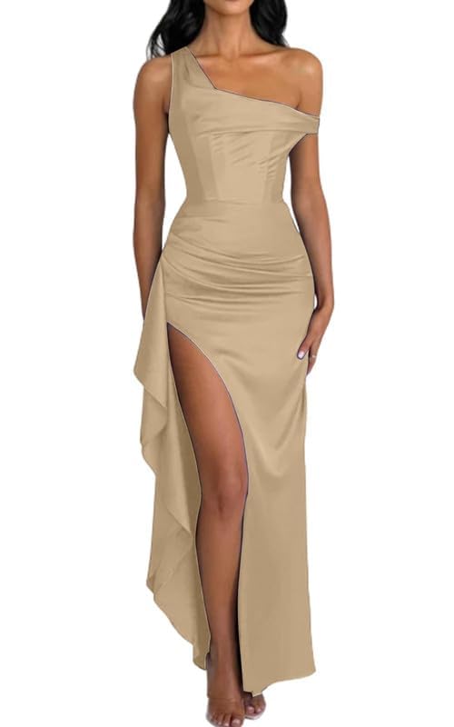 Foto 2 pulgar | Vestido Largo De Fiesta Lphirkut Satinado Con Hombros Descubiertos, Champán - Venta Internacional.