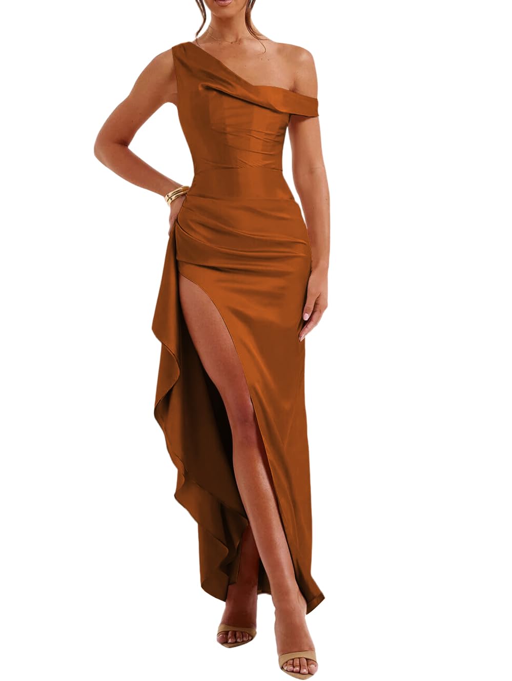 Foto 2 pulgar | Vestido Largo De Fiesta Lphirkut Satinado Con Hombros Descubiertos, Naranja Quemado - Venta Internacional.