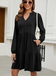 Foto 4 | Vestido Qacohu Para Mujer, Otoño 2024, Manga Larga, Cuello En V, Negro Xl - Venta Internacional.