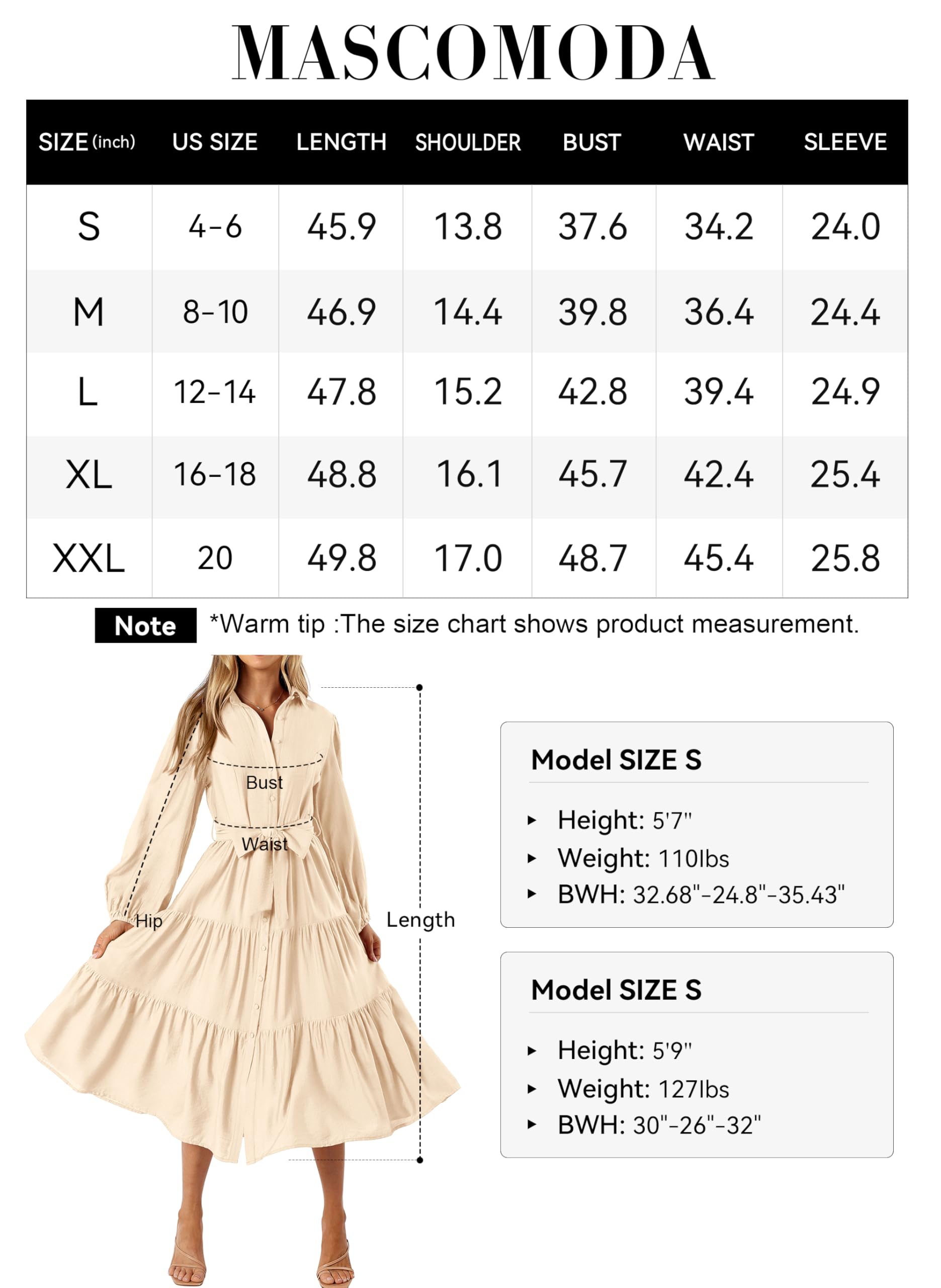 Foto 6 | Vestido Mascomoda Para Mujer, Manga Larga, Otoño 2024, Midi, Beige - Venta Internacional.