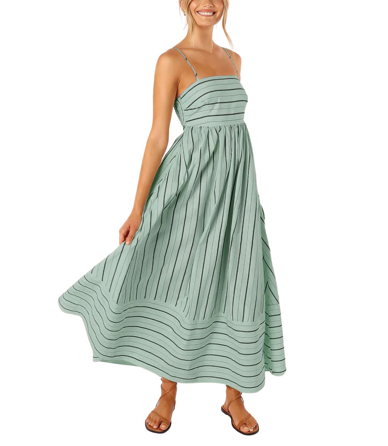 Foto 2 pulgar | Vestido Largo Chouyatou Para Mujer, A Rayas, Espalda Fruncida, Verde - Venta Internacional.
