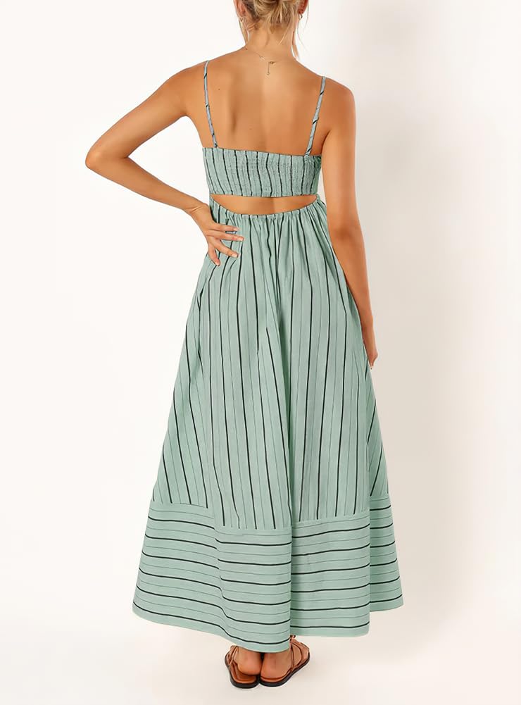 Foto 2 | Vestido Largo Chouyatou Para Mujer, A Rayas, Espalda Fruncida, Verde - Venta Internacional.