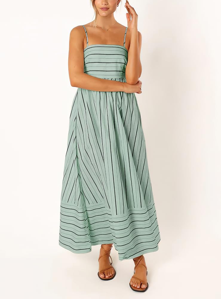 Foto 4 pulgar | Vestido Largo Chouyatou Para Mujer, A Rayas, Espalda Fruncida, Verde - Venta Internacional.