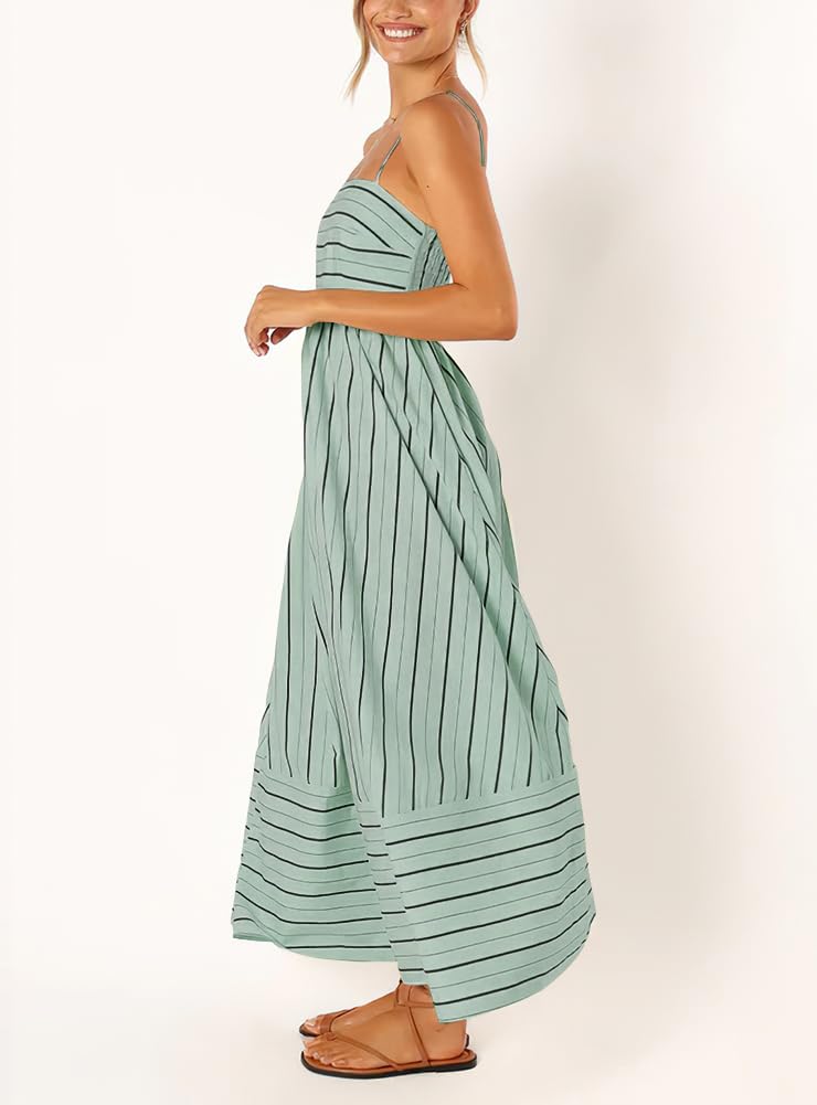 Foto 5 pulgar | Vestido Largo Chouyatou Para Mujer, A Rayas, Espalda Fruncida, Verde - Venta Internacional.
