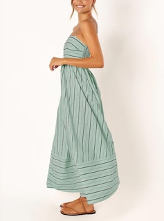 Foto 4 | Vestido Largo Chouyatou Para Mujer, A Rayas, Espalda Fruncida, Verde - Venta Internacional.