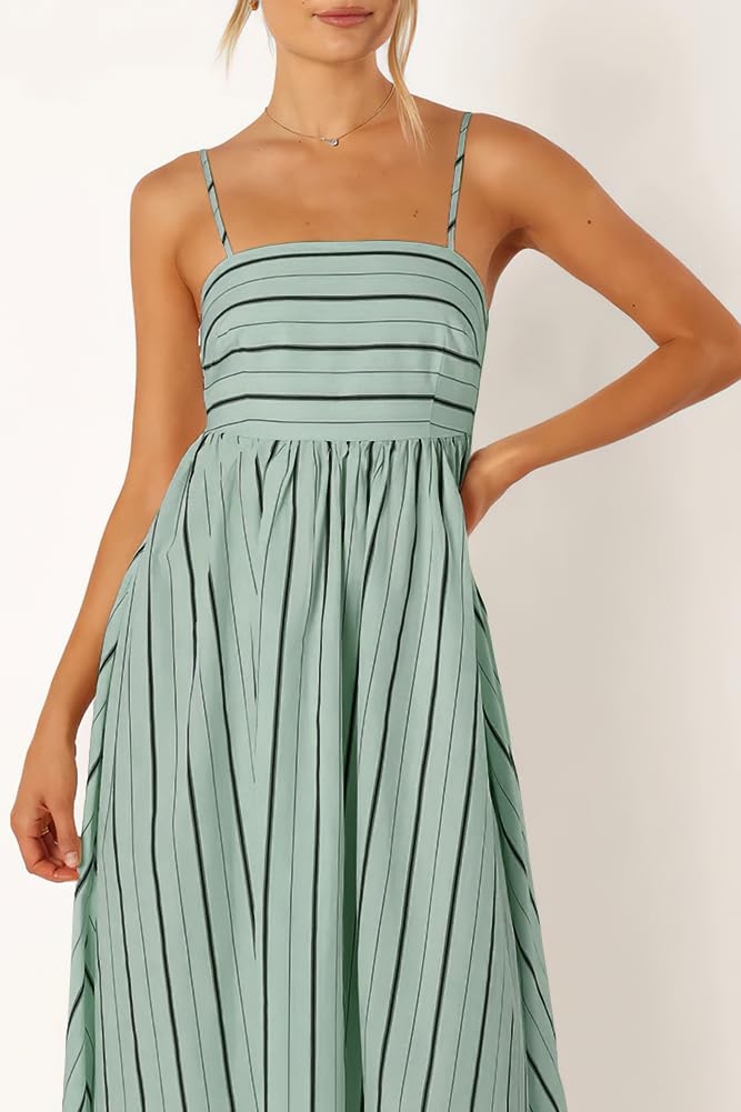 Foto 6 pulgar | Vestido Largo Chouyatou Para Mujer, A Rayas, Espalda Fruncida, Verde - Venta Internacional.