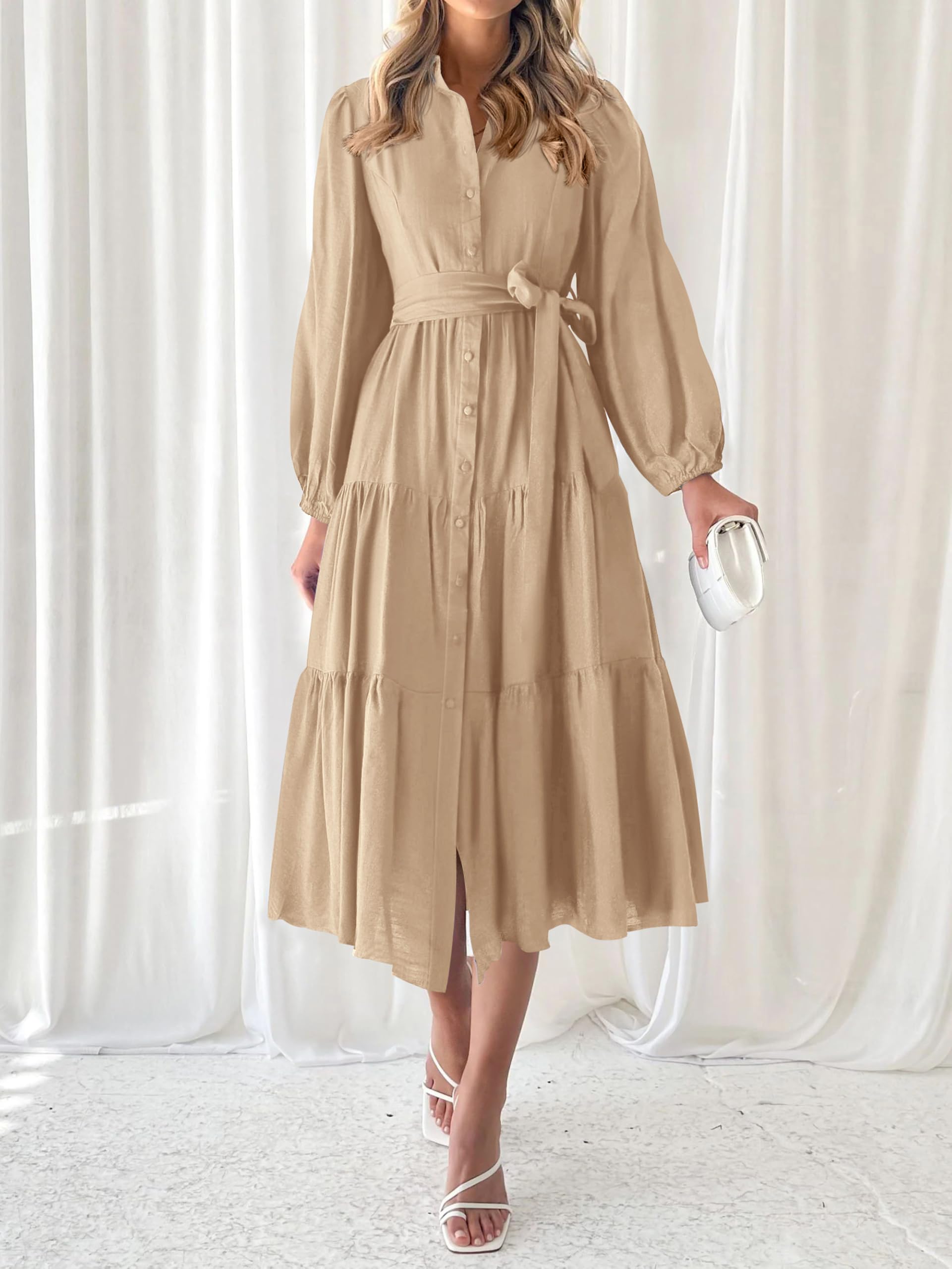 Foto 4 pulgar | Vestido Mascomoda Para Mujer, Manga Larga, Otoño 2024, Midi, Caqui - Venta Internacional.