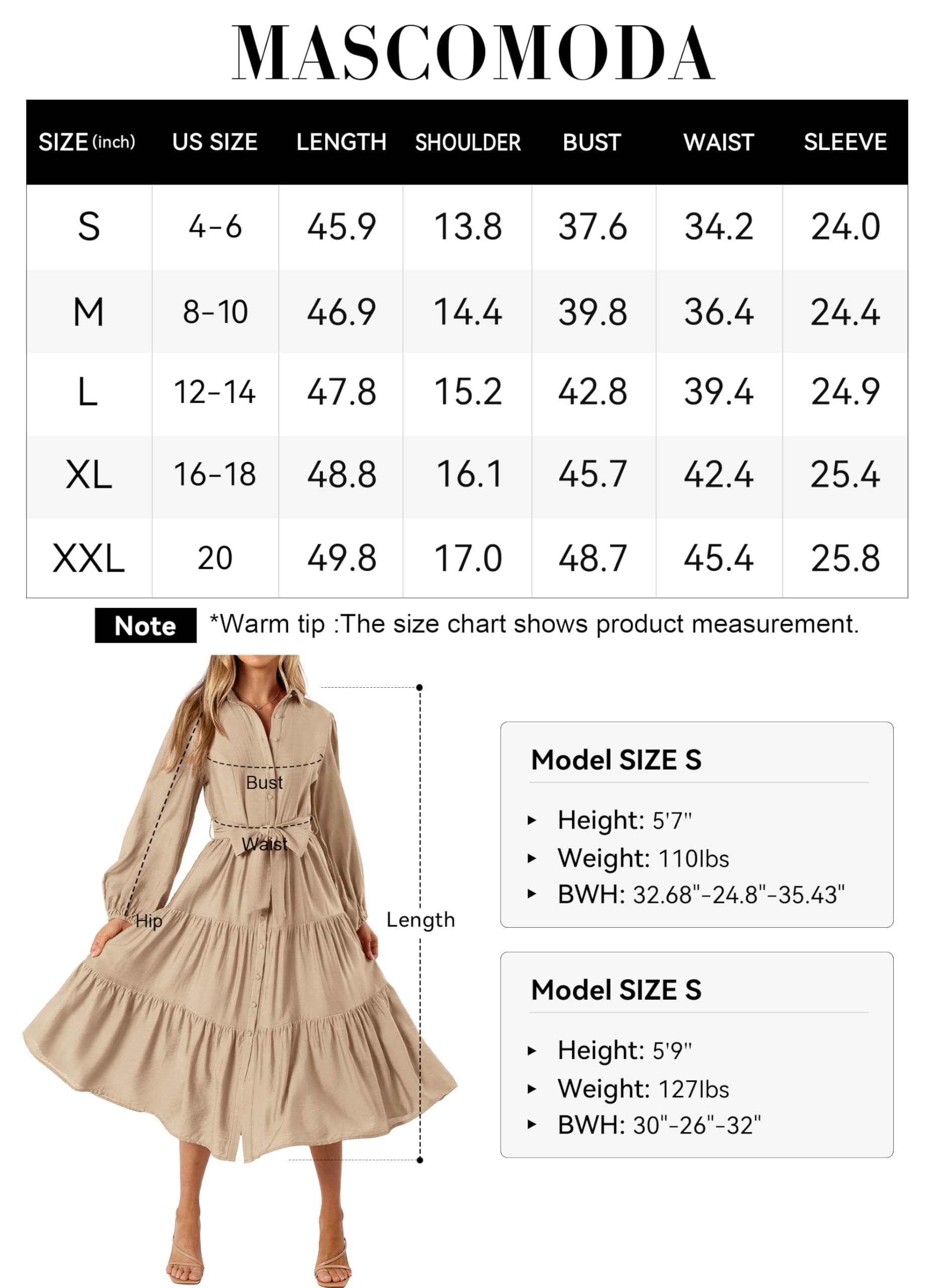 Foto 7 pulgar | Vestido Mascomoda Para Mujer, Manga Larga, Otoño 2024, Midi, Caqui - Venta Internacional.