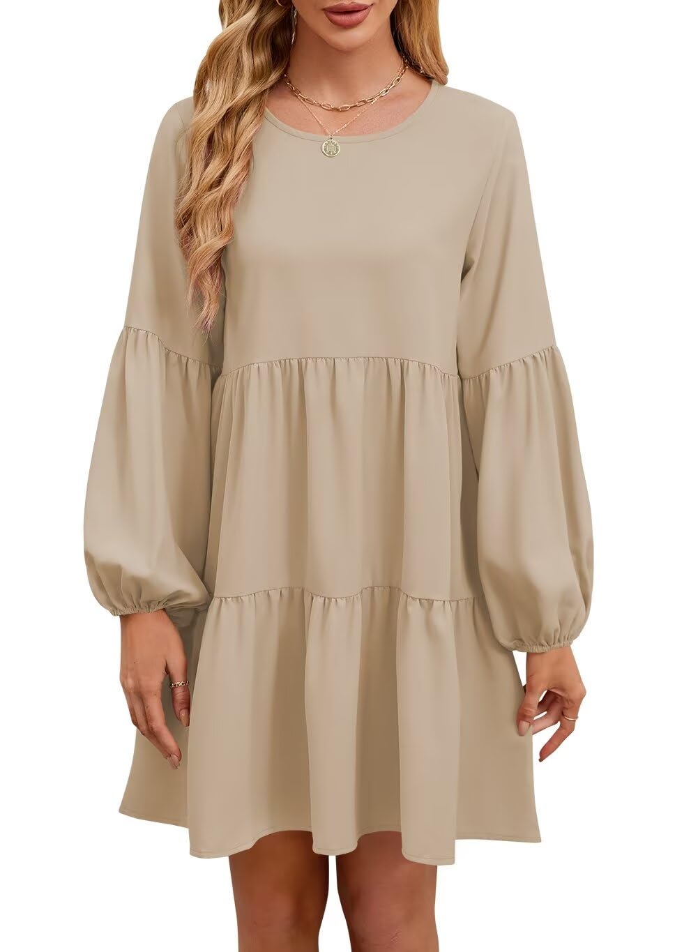 Foto 2 pulgar | Vestido Túnica De Manga Larga Qacohu 2024 Trendy Otoño Beige L - Venta Internacional.