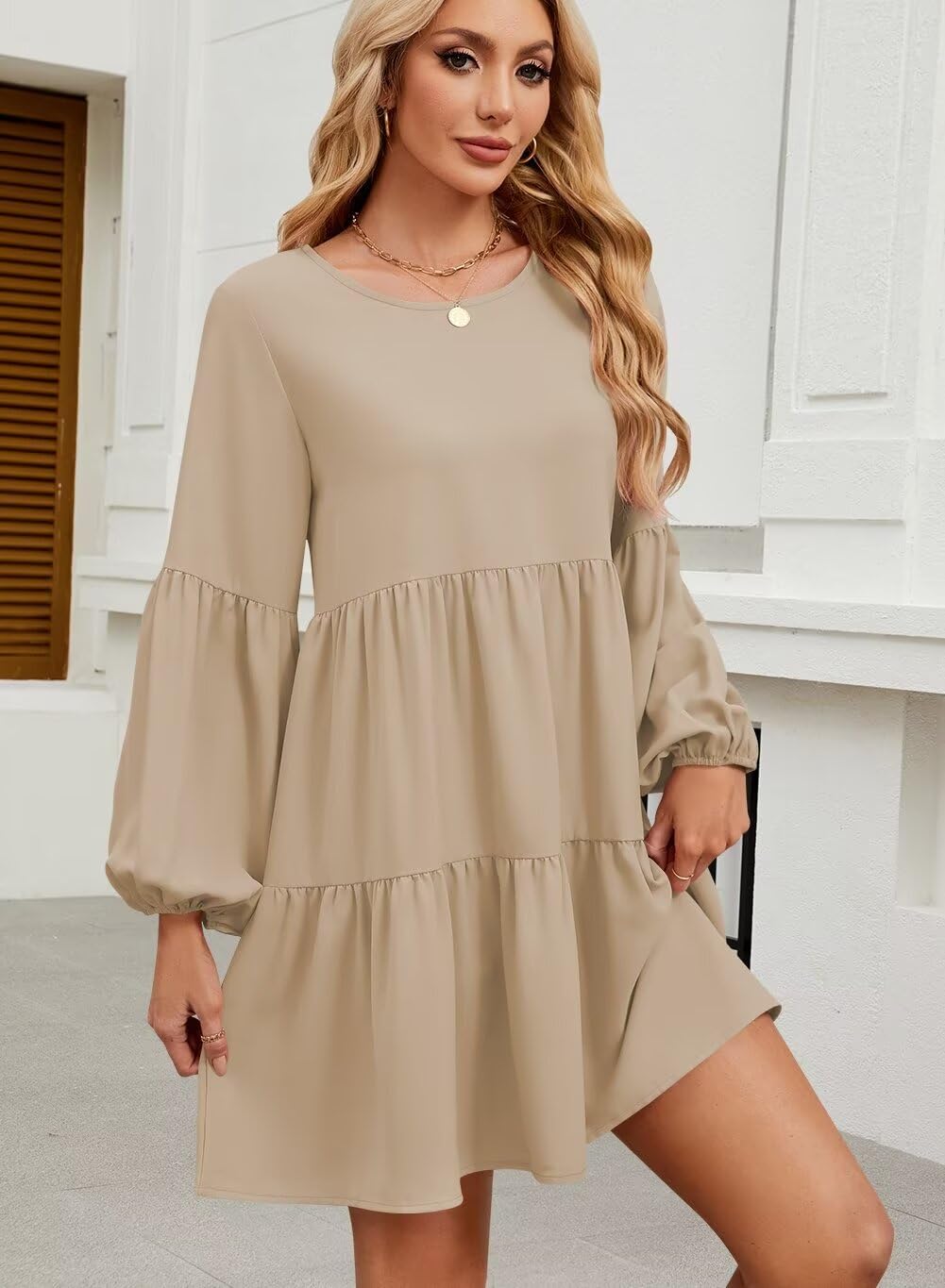 Foto 3 pulgar | Vestido Túnica De Manga Larga Qacohu 2024 Trendy Otoño Beige L - Venta Internacional.