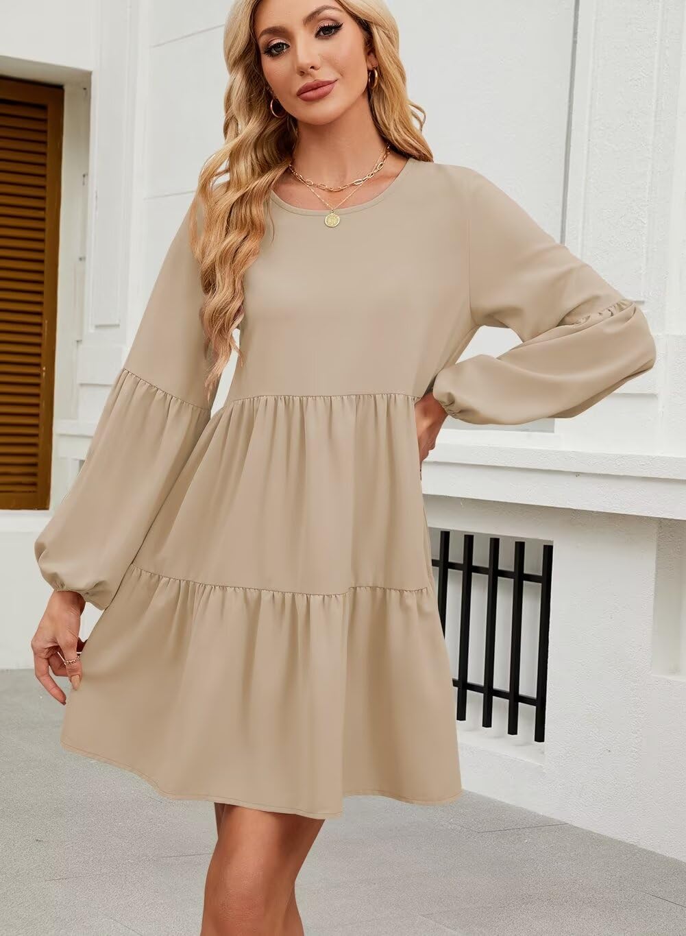 Foto 4 pulgar | Vestido Túnica De Manga Larga Qacohu 2024 Trendy Otoño Beige L - Venta Internacional.