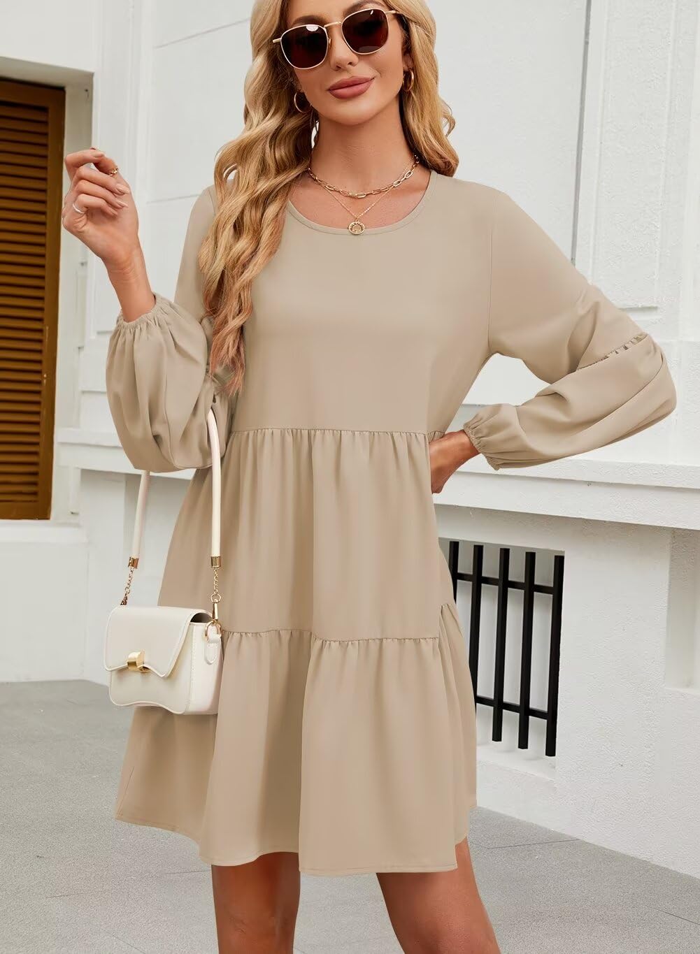 Foto 5 pulgar | Vestido Túnica De Manga Larga Qacohu 2024 Trendy Otoño Beige L - Venta Internacional.