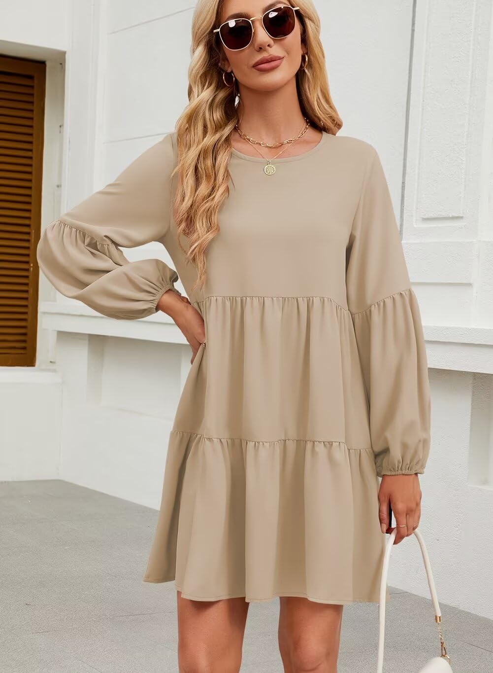 Foto 7 pulgar | Vestido Túnica De Manga Larga Qacohu 2024 Trendy Otoño Beige L - Venta Internacional.