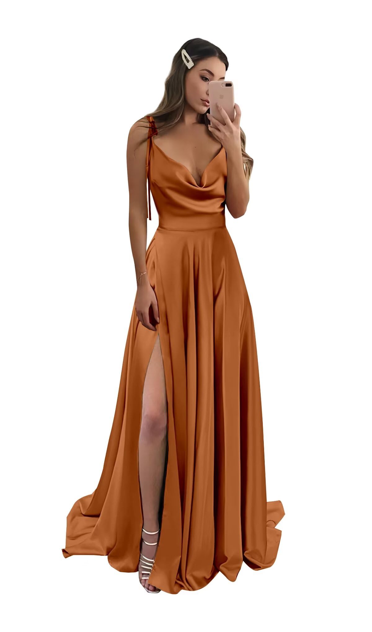 Foto 2 pulgar | Vestido De Fiesta Monvelli De Satén Con Cuello Vuelto Sin Espalda Y Abertura En Óxido 8 - Venta Internacional.