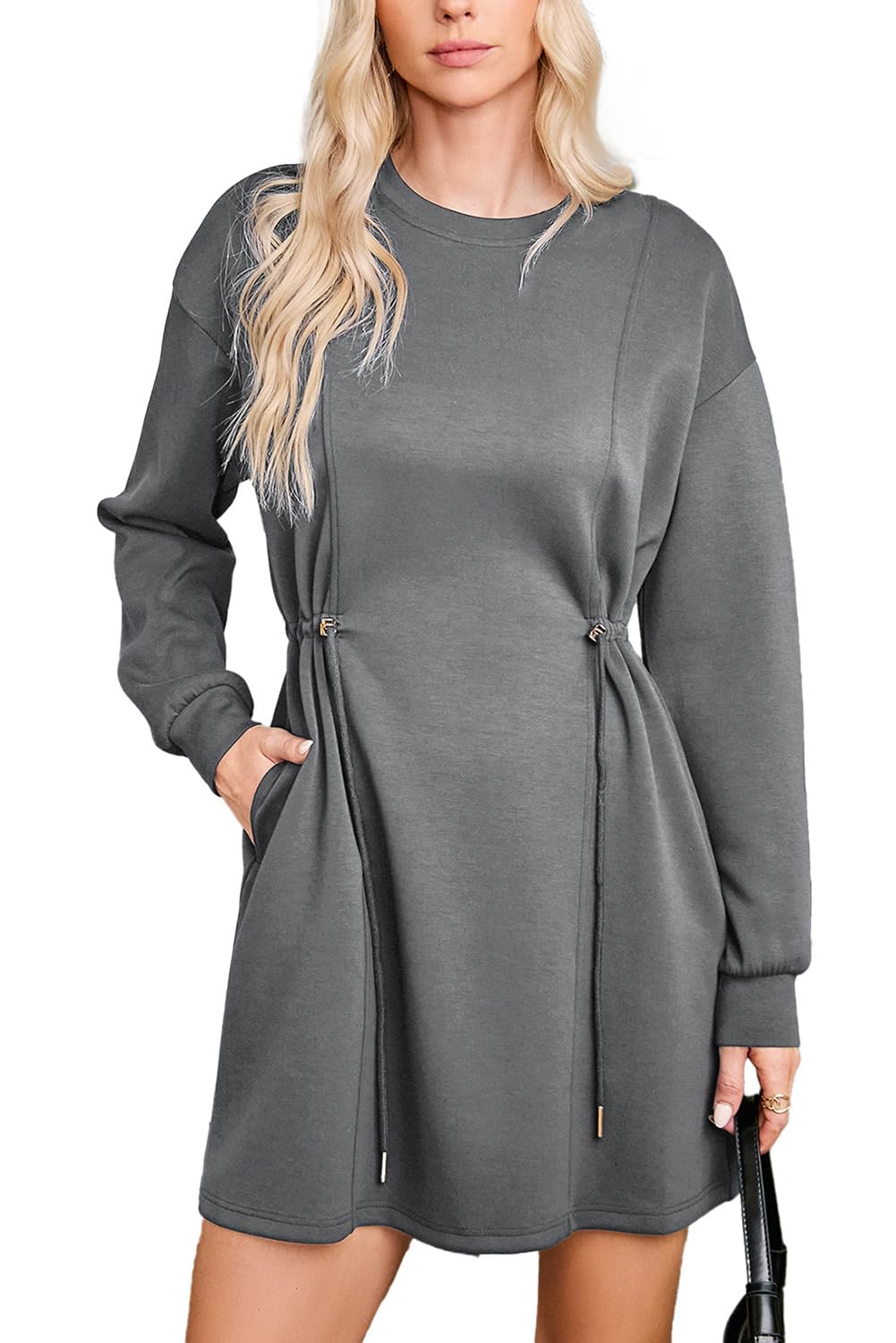 Foto 2 pulgar | Minivestido Casual Dokotoo De Manga Larga Con Cuello Redondo Gris Para Mujer - Venta Internacional.
