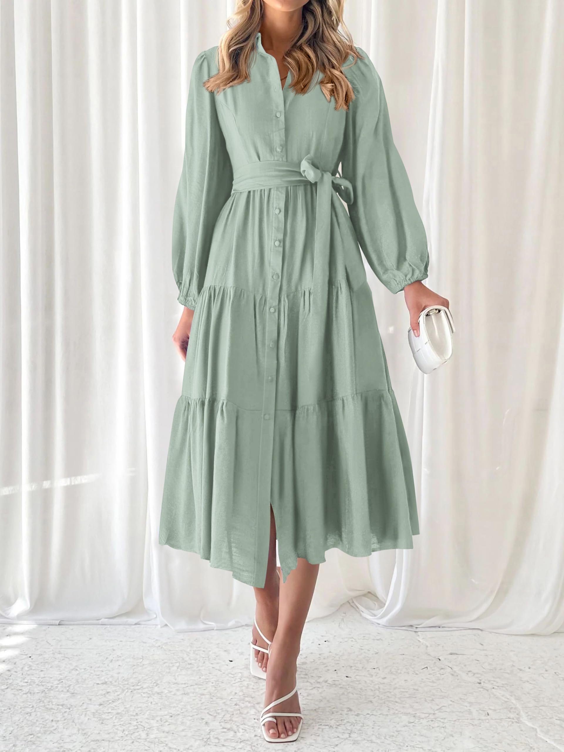 Foto 4 pulgar | Vestido Mascomoda Para Mujer, Manga Larga, Otoño 2024, Midi, Verde Alubia - Venta Internacional.