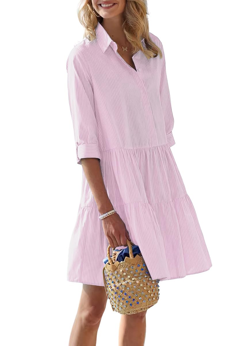 Foto 2 pulgar | Vestido Camisero Chouyatou Para Mujer, A Rayas, Con Botones, Holgado, Rosa - Venta Internacional.