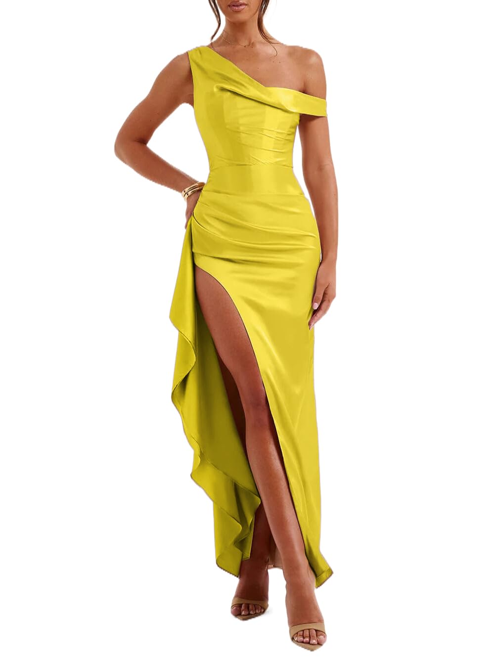 Foto 2 pulgar | Vestido De Fiesta Largo De Satén Lphirkut Para Dama De Honor, Amarillo Mostaza - Venta Internacional.