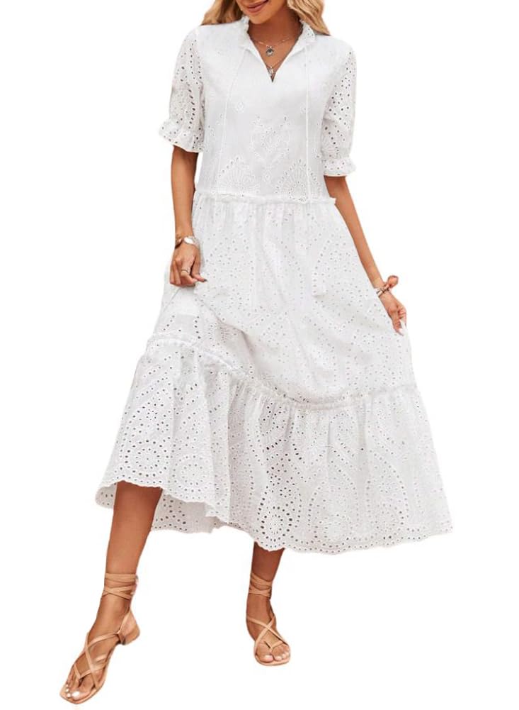 Foto 1 | Vestido Chouyatou Bordado Bohemio De Verano Con Ojales Y Cuello En V, Blanco - Venta Internacional.