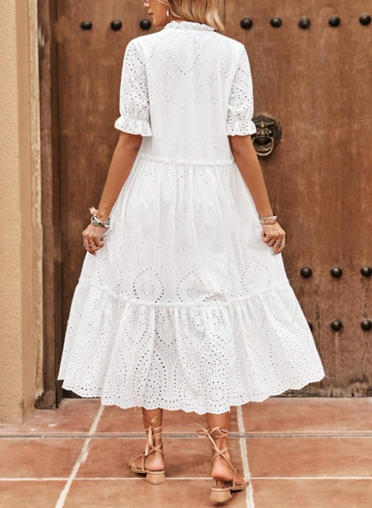 Foto 2 | Vestido Chouyatou Bordado Bohemio De Verano Con Ojales Y Cuello En V, Blanco - Venta Internacional.