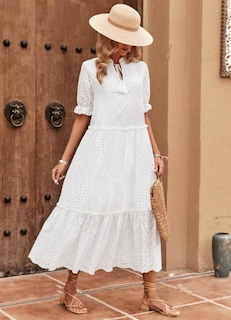 Foto 3 | Vestido Chouyatou Bordado Bohemio De Verano Con Ojales Y Cuello En V, Blanco - Venta Internacional.