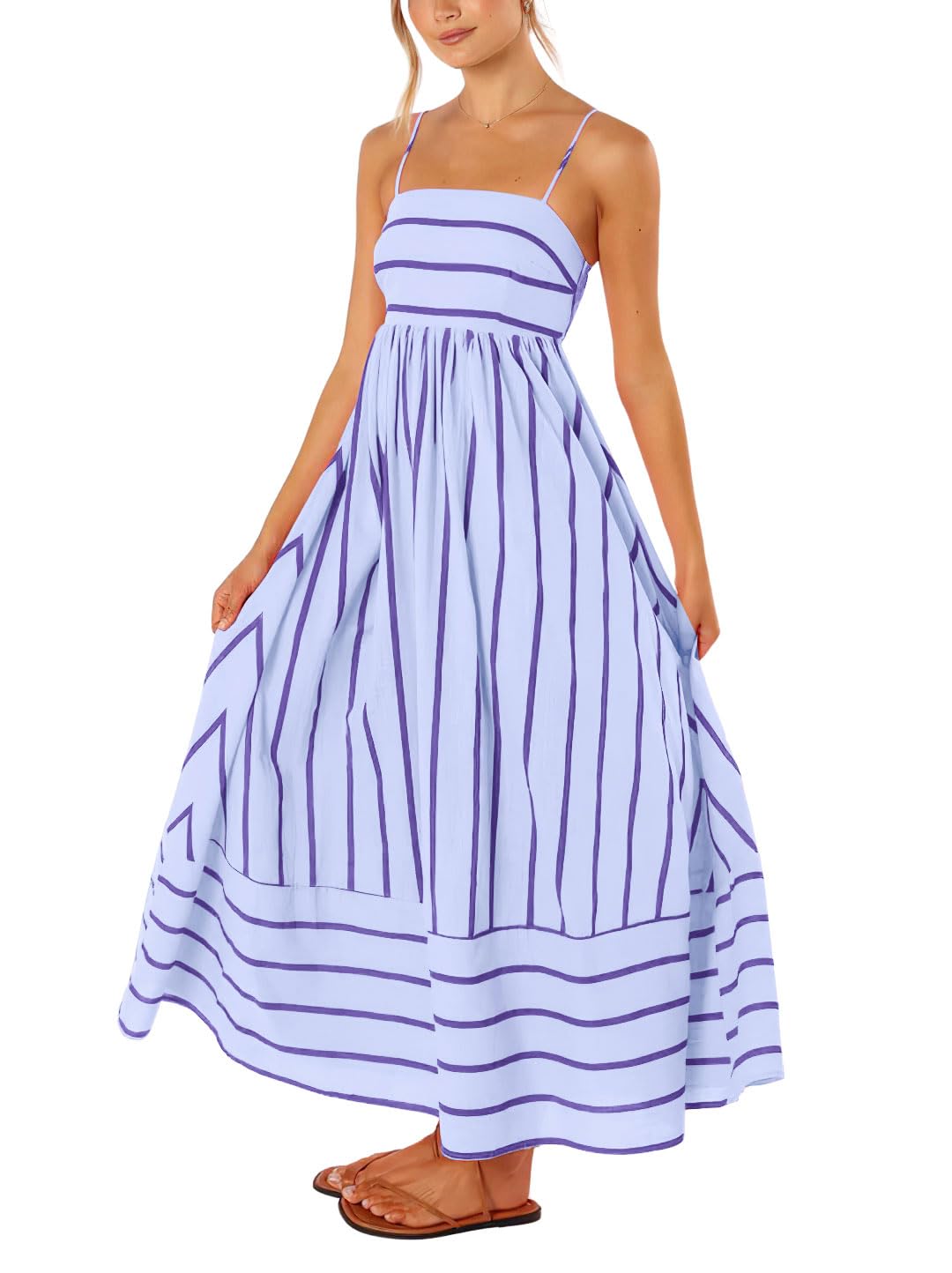 Foto 2 pulgar | Vestido Largo Chouyatou Para Mujer, A Rayas, Espalda Fruncida, Morado - Venta Internacional.