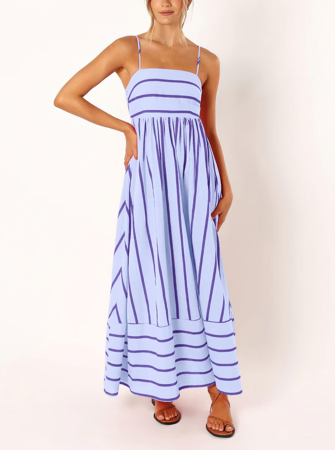 Foto 4 pulgar | Vestido Largo Chouyatou Para Mujer, A Rayas, Espalda Fruncida, Morado - Venta Internacional.