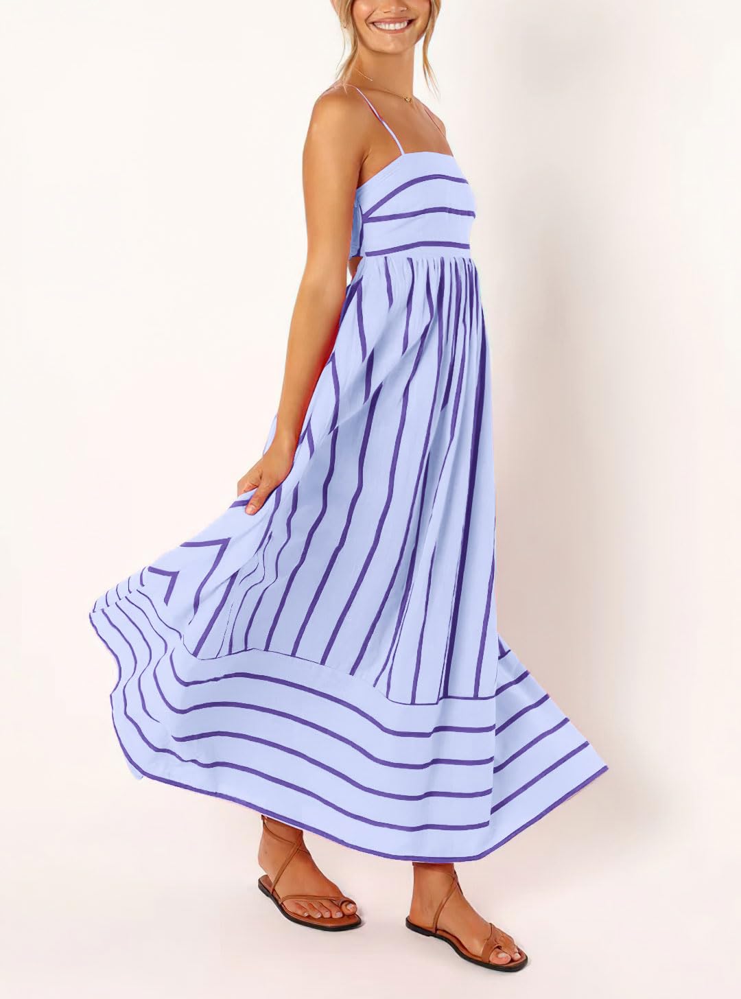 Foto 5 pulgar | Vestido Largo Chouyatou Para Mujer, A Rayas, Espalda Fruncida, Morado - Venta Internacional.