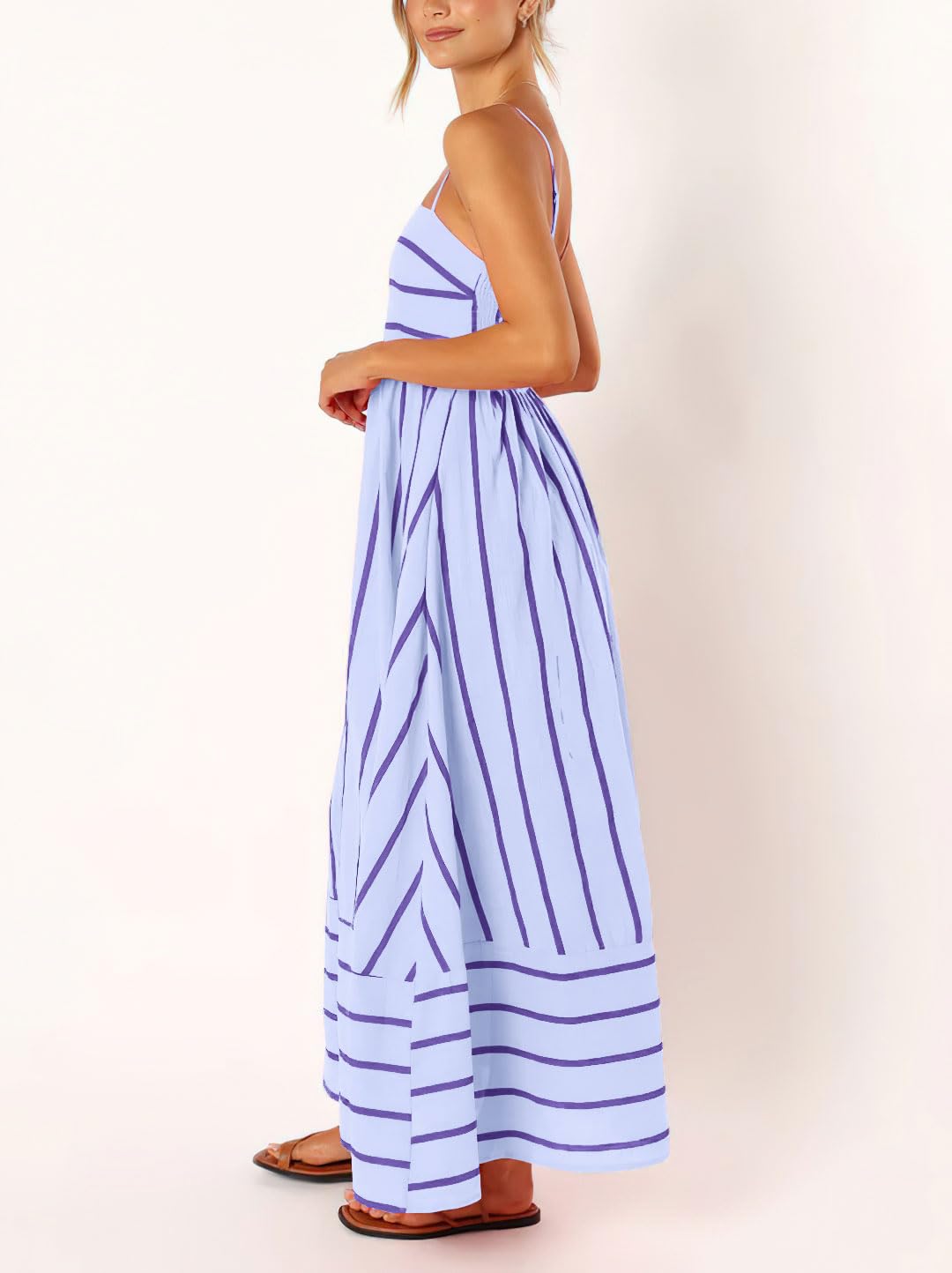 Foto 6 pulgar | Vestido Largo Chouyatou Para Mujer, A Rayas, Espalda Fruncida, Morado - Venta Internacional.