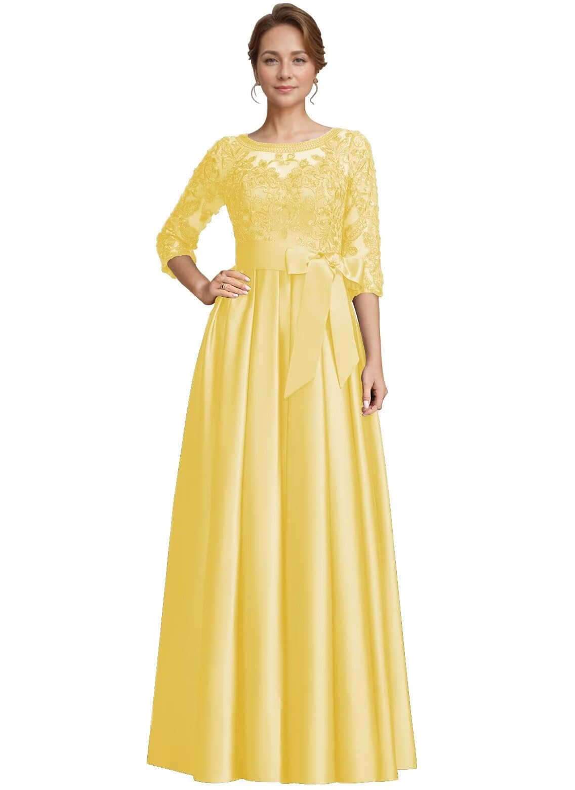 Foto 2 pulgar | Vestido Largo De Satén De Encaje Amarillo Raomiao Para Madre De La Novia - Venta Internacional.