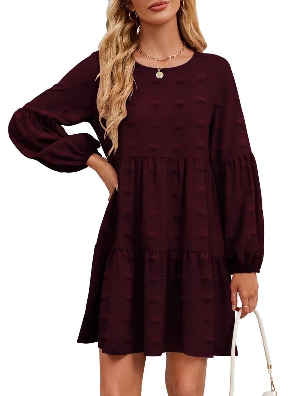 Foto 2 pulgar | Vestido Casual Qacohu 2024 Con Lunares Suizos, Túnica, Manga Linterna, Mujer - Venta Internacional.
