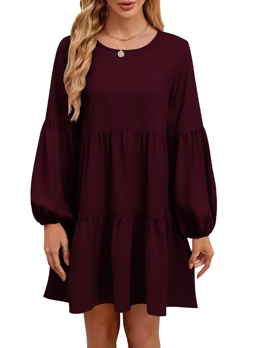 Foto 2 pulgar | Vestido Qacohu, Túnica De Manga Larga, Otoño 2024, Rojo Vino Para Mujer - Venta Internacional.