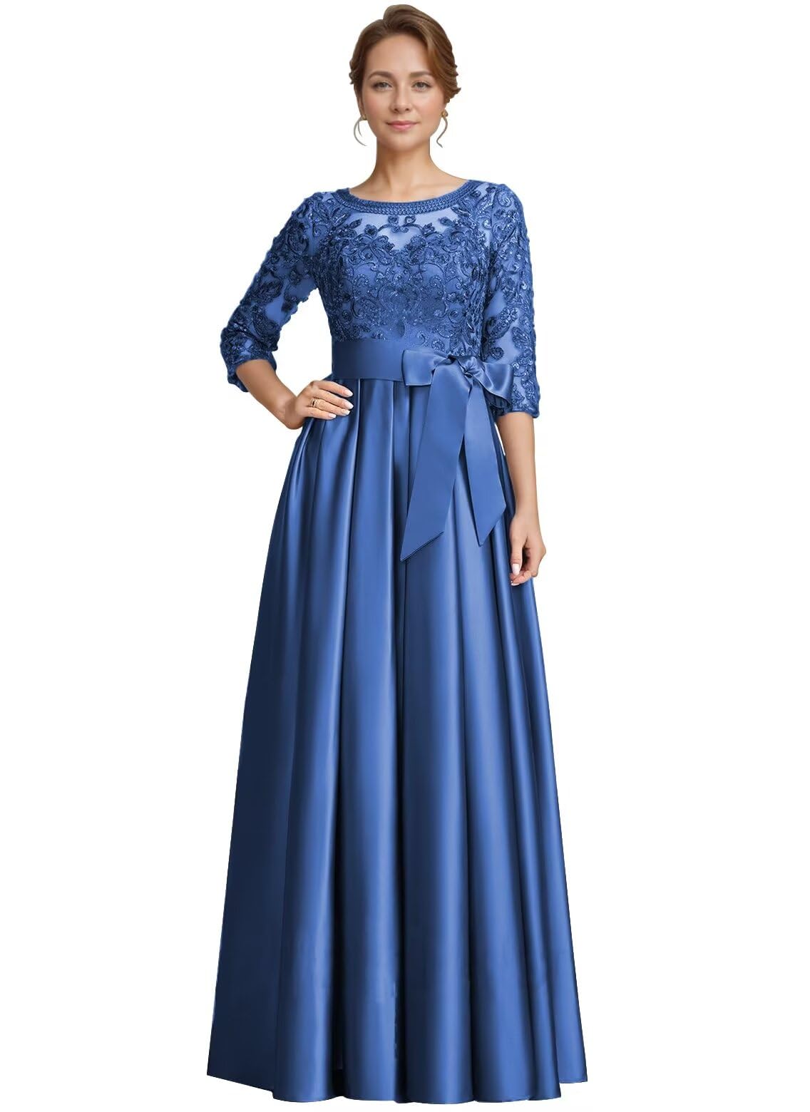 Foto 2 pulgar | Vestido Raomiao De Encaje Azul Océano Satinado En A Hasta El Suelo - Venta Internacional.