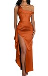 Vestido De Noche Lphirkut Satinado Con Hombros Descubiertos, Naranja Oscuro - Venta Internacional.